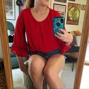 Bell-Sleeved Red Blouse